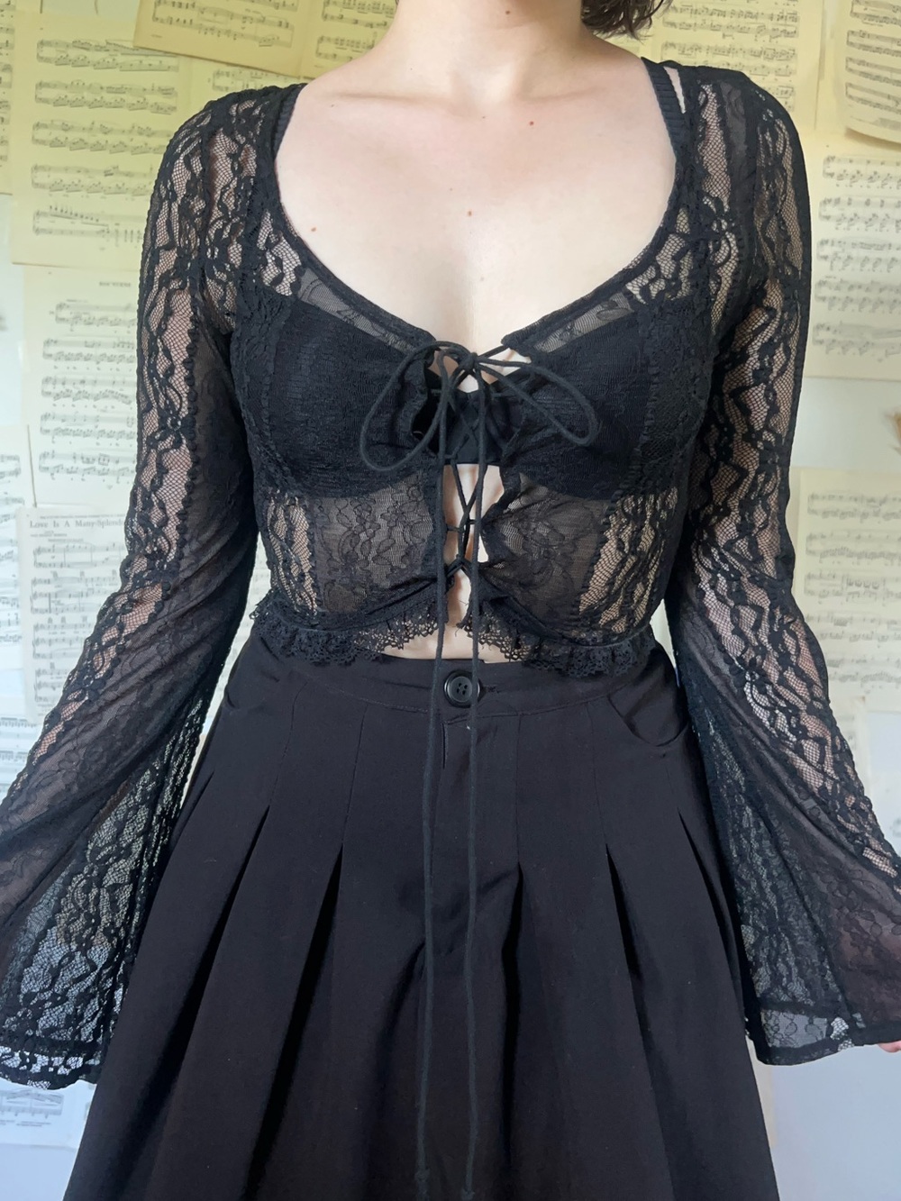 Black Lace Tie-Front Crop Top